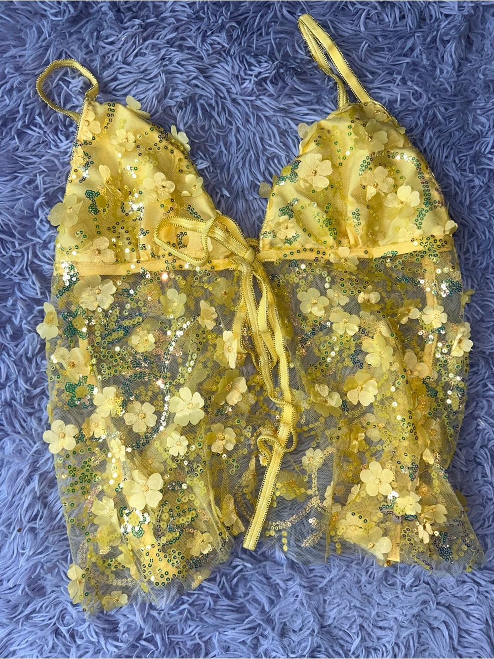 Yellow Floral Sequin Lace Bodysuit Top